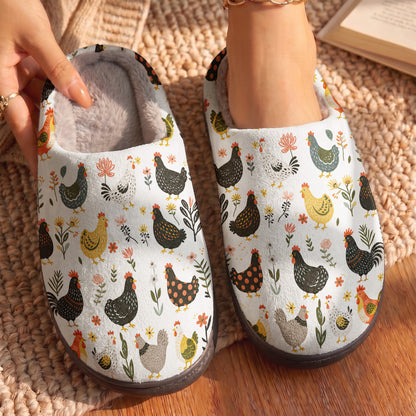 Chicken Fleece Lined Slippers Garden Chicken Folk Art