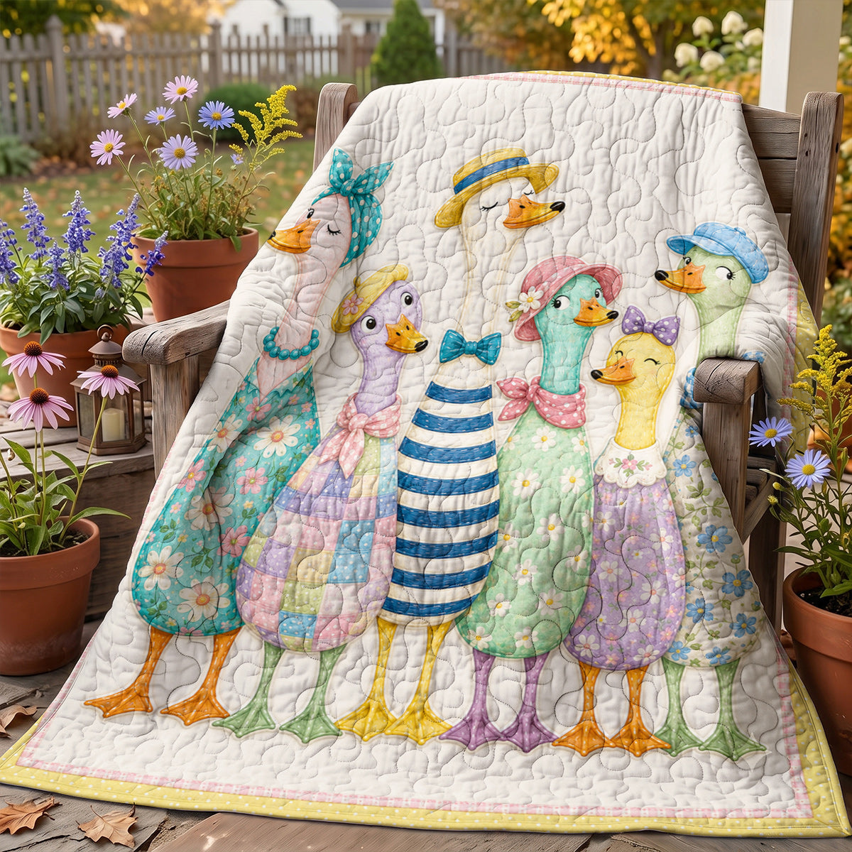 Duck Quilted Blanket Whimsical Duckling Parade