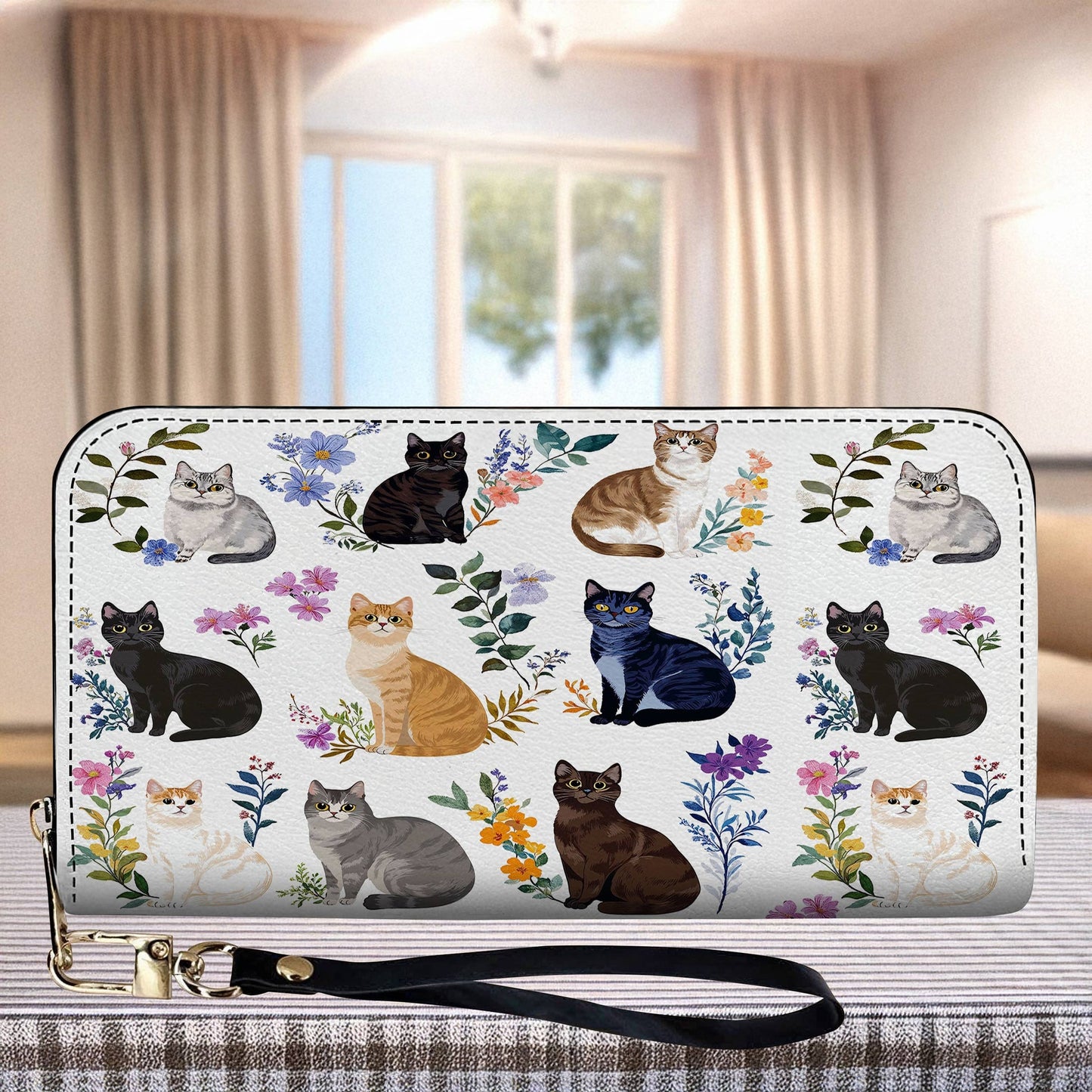 Cat Lover Leather Wallet Charming Floral Cats