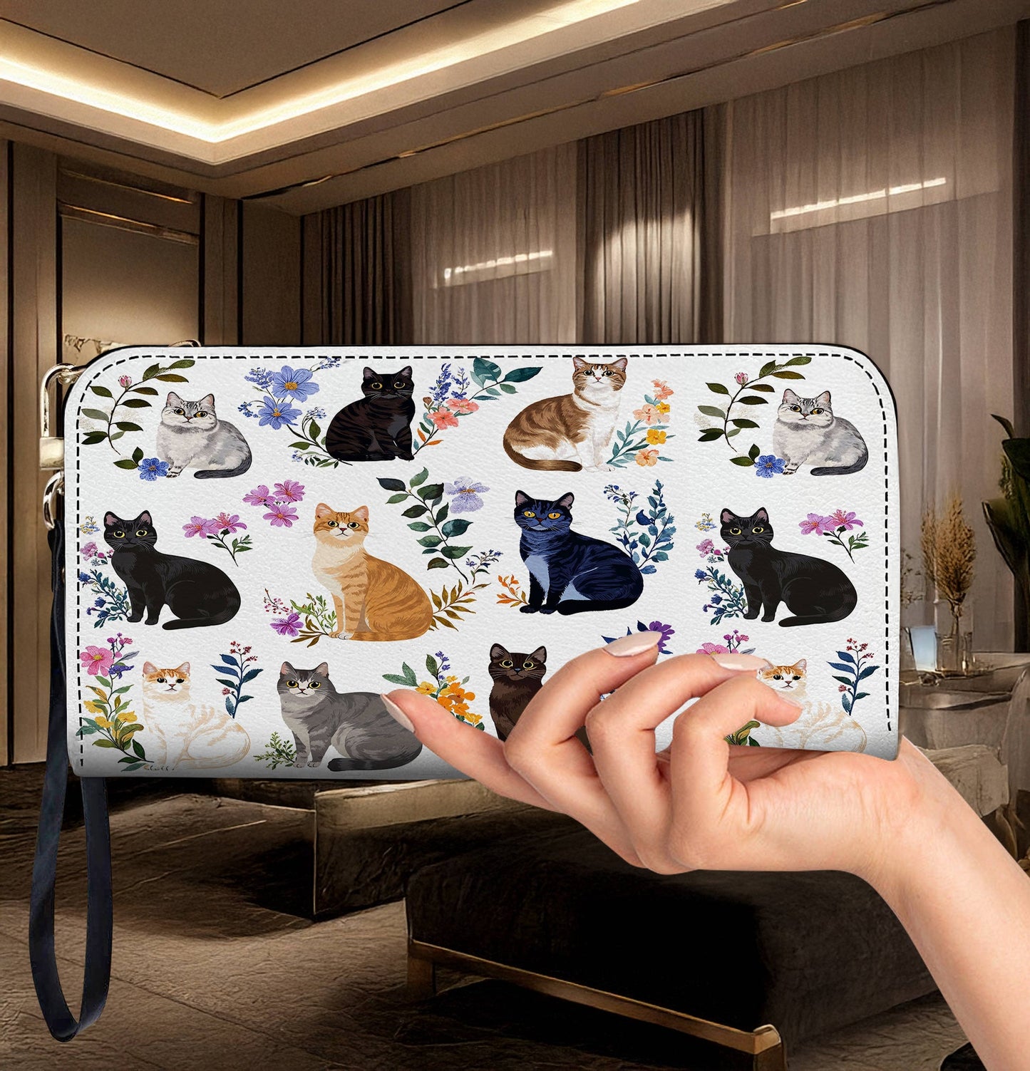 Cat Lover Leather Wallet Charming Floral Cats