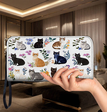 Cat Lover Leather Wallet Charming Floral Cats