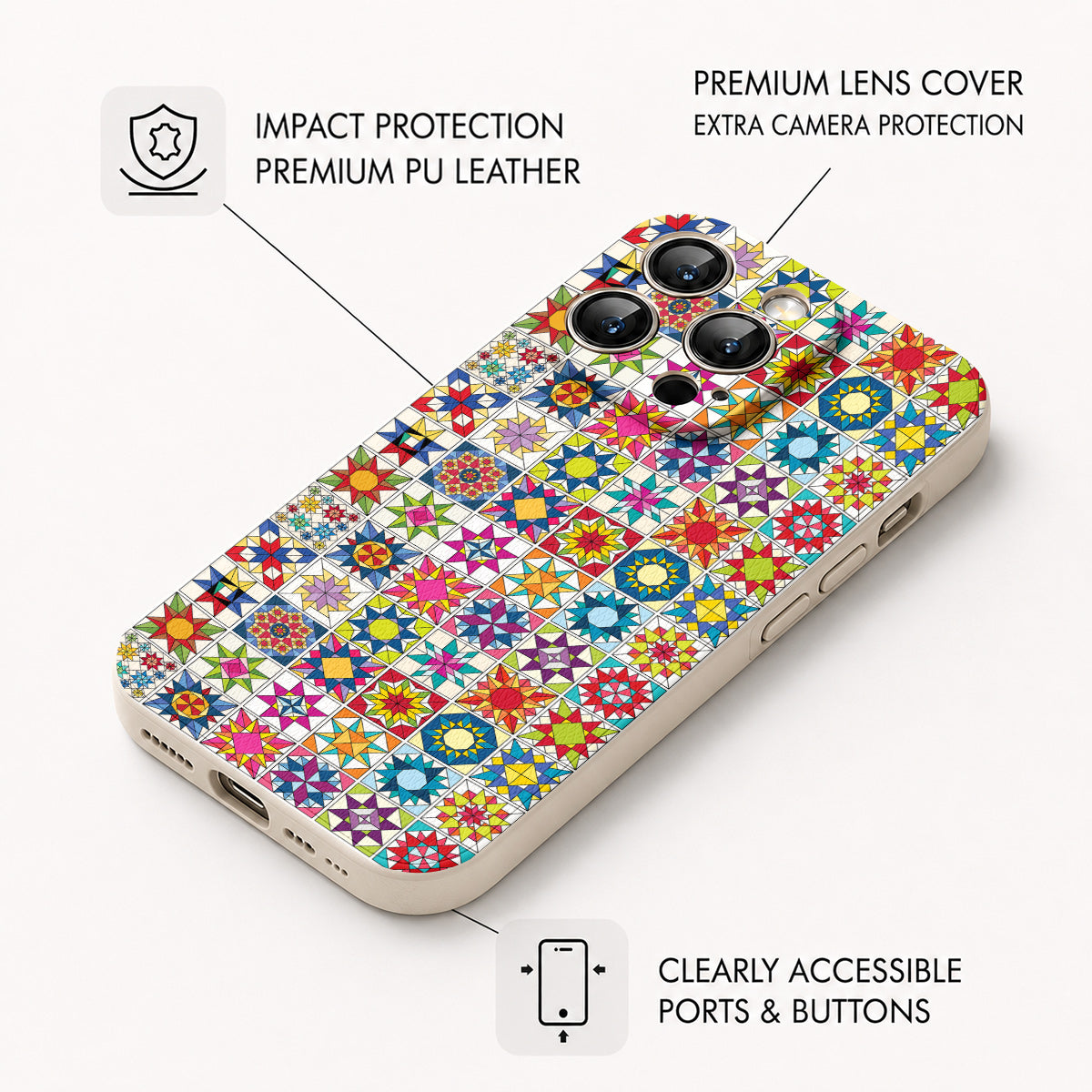 Sewing Lover Leather Phone Case Colorful Star Quilt Blocks