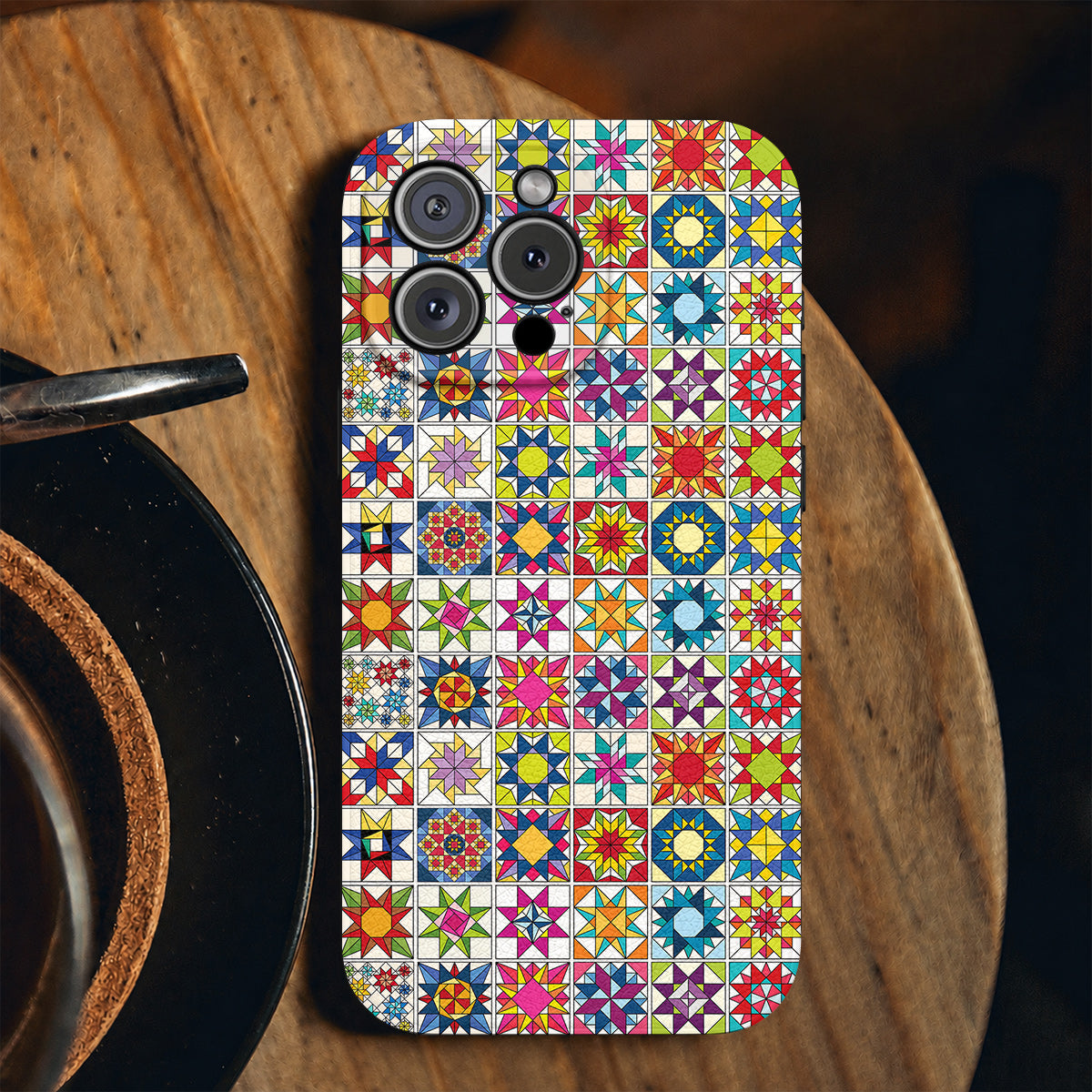 Sewing Lover Leather Phone Case Colorful Star Quilt Blocks