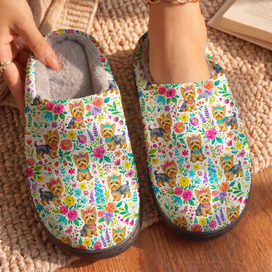 Floral Yorkie Fleece Lined Slippers