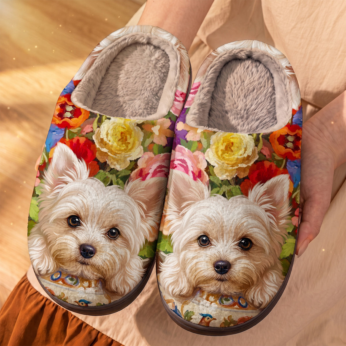 Floral Yorkie Fleece Lined Slippers