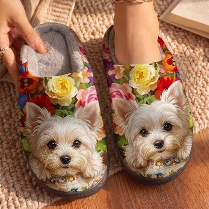 Floral Yorkie Fleece Lined Slippers