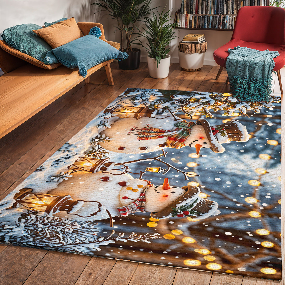 Christmas Area Rug Happy Snowmen’s Cozy Forest Glow