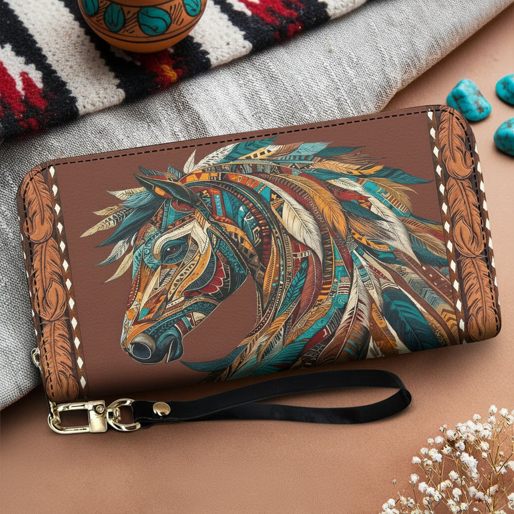 Boho Western Horse Leather Wallet Tribal Horse Majesty
