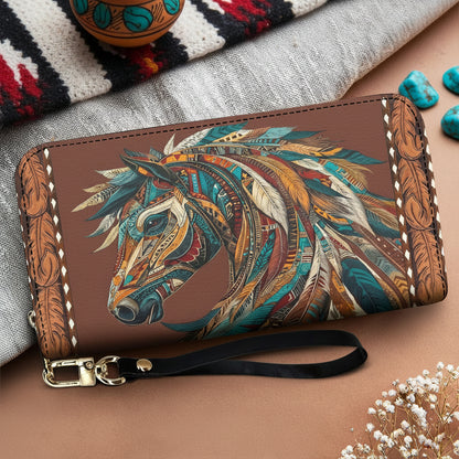 Boho Western Horse Leather Wallet Tribal Horse Majesty