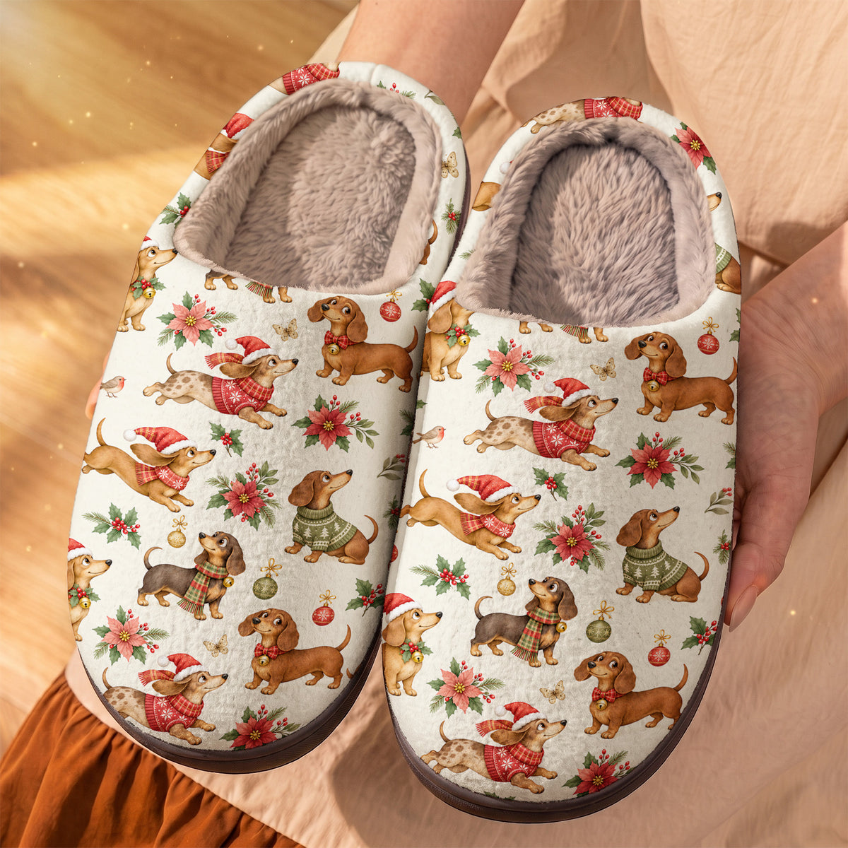 Dachshund Fleece Lined Slippers A Merry Little Sausage Christmas