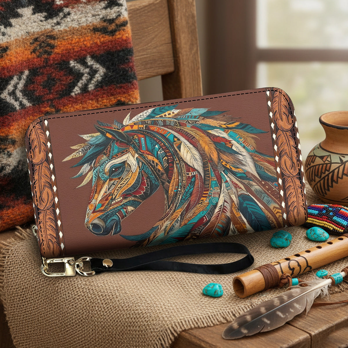 Boho Western Horse Leather Wallet Tribal Horse Majesty