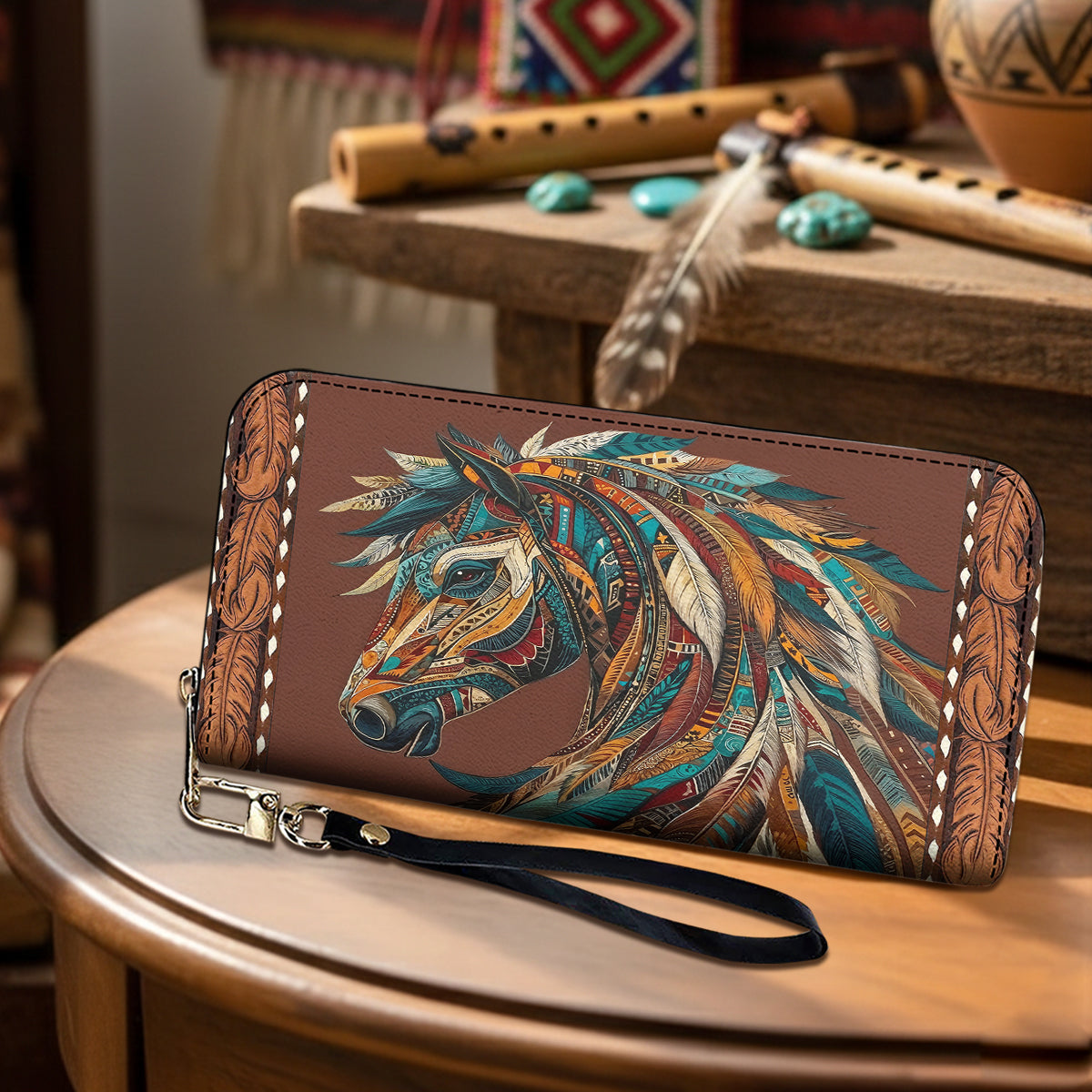 Boho Western Horse Leather Wallet Tribal Horse Majesty